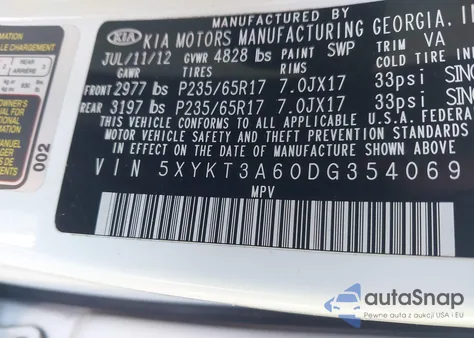 2013 Kia Sorento Lx from USA, damaged, VIN 5XYKT3A60DG354069